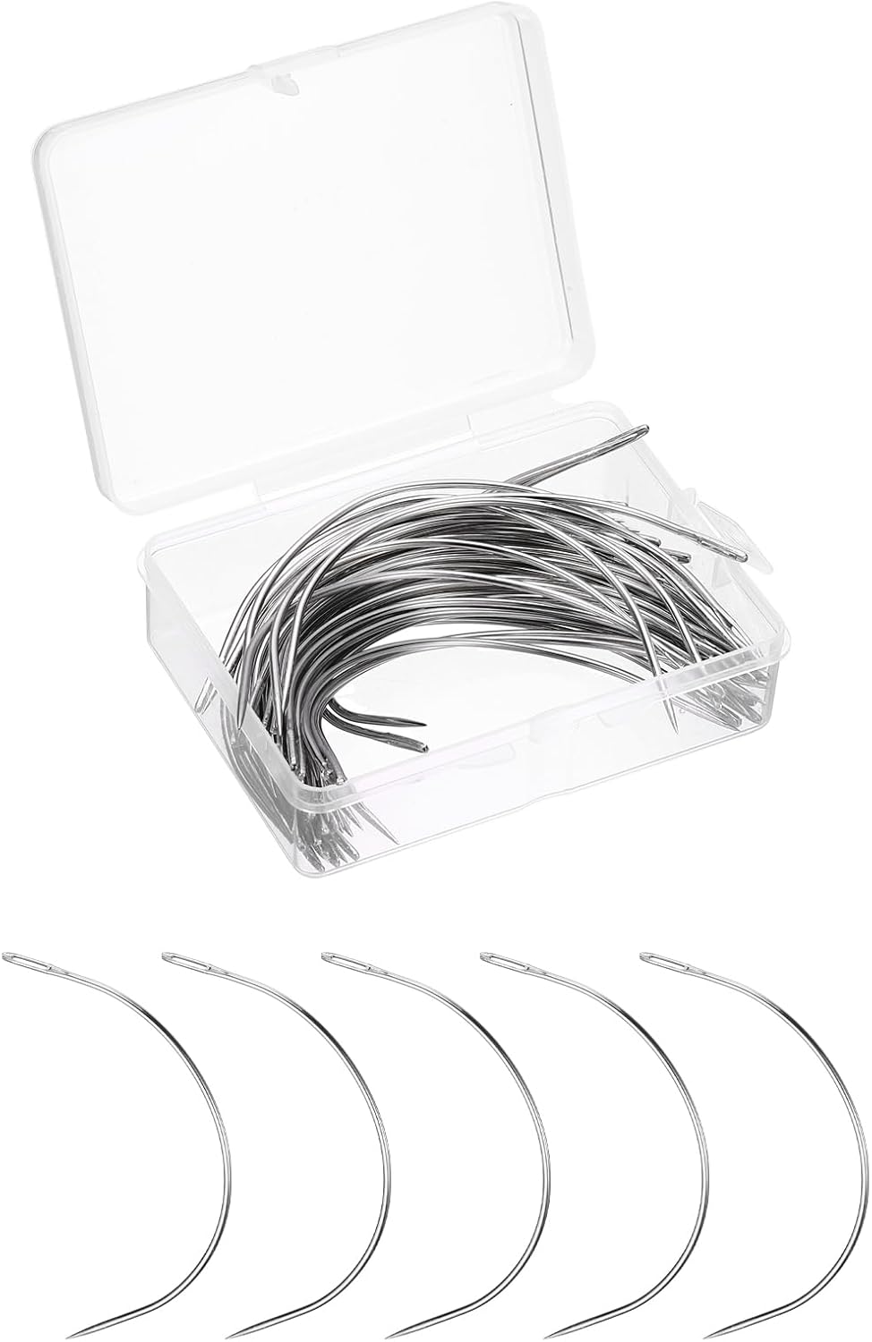 HARFINGTON 100Pcs Curved Needles 5" C Type Leather Hand Sewing Needle Upholstery Curved Weaving Awl for Carpet Leather Canvas Repairing Blocking Knitting Crafts, Silver