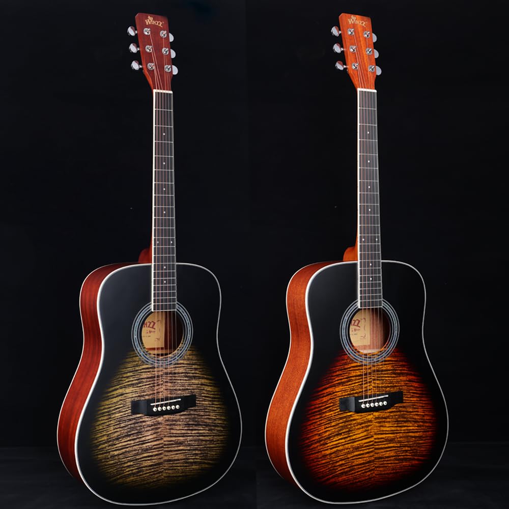 Winzz Akustik Gitarre 4/4, Western Gitarre Anfänger Erwachsene Schönes Geflammtes Design, Gitarre Kinder ab 12+ Jahre mit Stahlsaiten, Gitarre Einsteiger Set mit 11 Zubehör (Schwarz Matt, 41 Zoll)