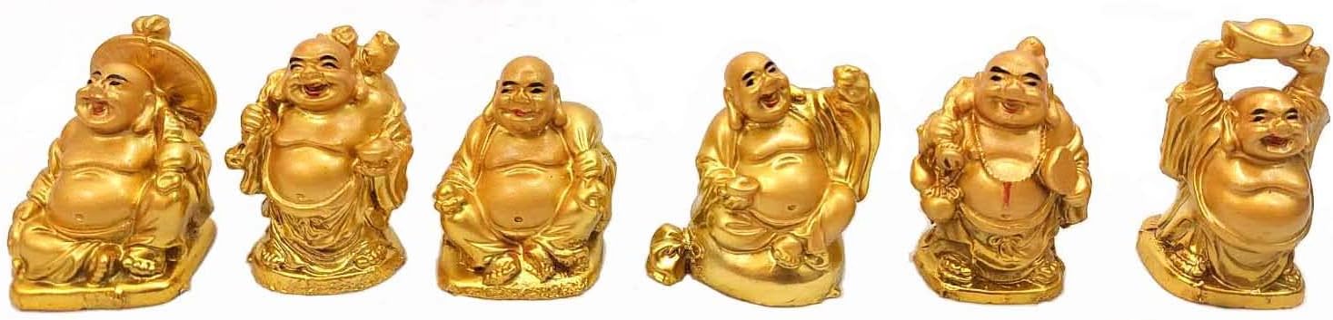 JapanBargain, Set of 6 Gold Laughing Buddha Statues, 2-Inch Lucky Buddha Figurines for Home Office Feng Shui Decor, Miniature Happy Buddha Gods for Positive Energy and Good Luck