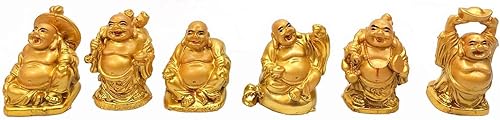 JapanBargain, Juego de 6 estatuas de Buda sonriente de oro, figuras de Buda de la suerte de 2 pulgadas para decoración de Feng Shui, dioses de Buda
