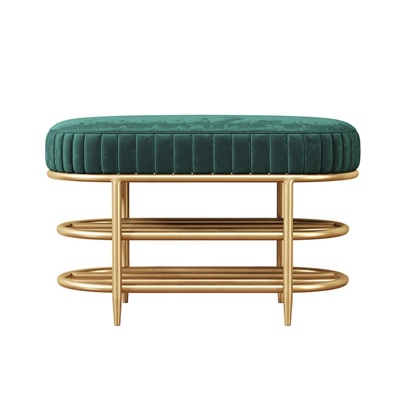 Banc à chaussures vert élégant en métal avec assise rembourrée pour entrée moderne