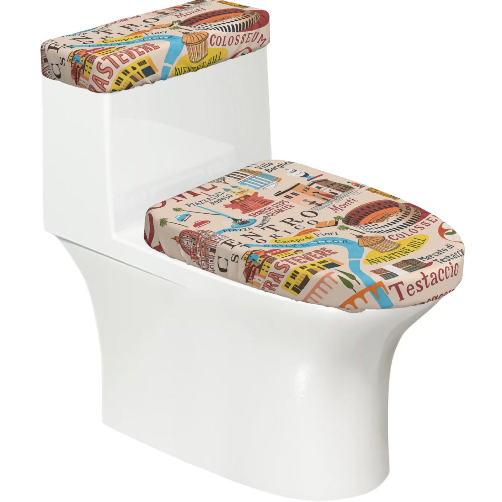 Rome Map With Landmarks Illus Print Toilet Seat Lid And Tank Covers Universal Fit Smooth Seat Cushion Easy To Clean For Home Hotel