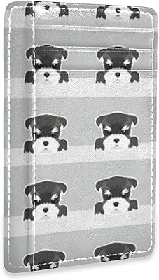 Schnauzer Dog Face Heads Seamless on White Grey Slim Minimalist Wallet, Front Pocket RFID Blocking Leather Credit Card Holder, Case Protector Covers for Men Women