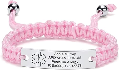 Miniatura 13 de MEALGUET Pulsera de identificación médica para hombres y mujeres, grabado gratuito, hecha a mano, cuerda trenzada ajustable, pulsera