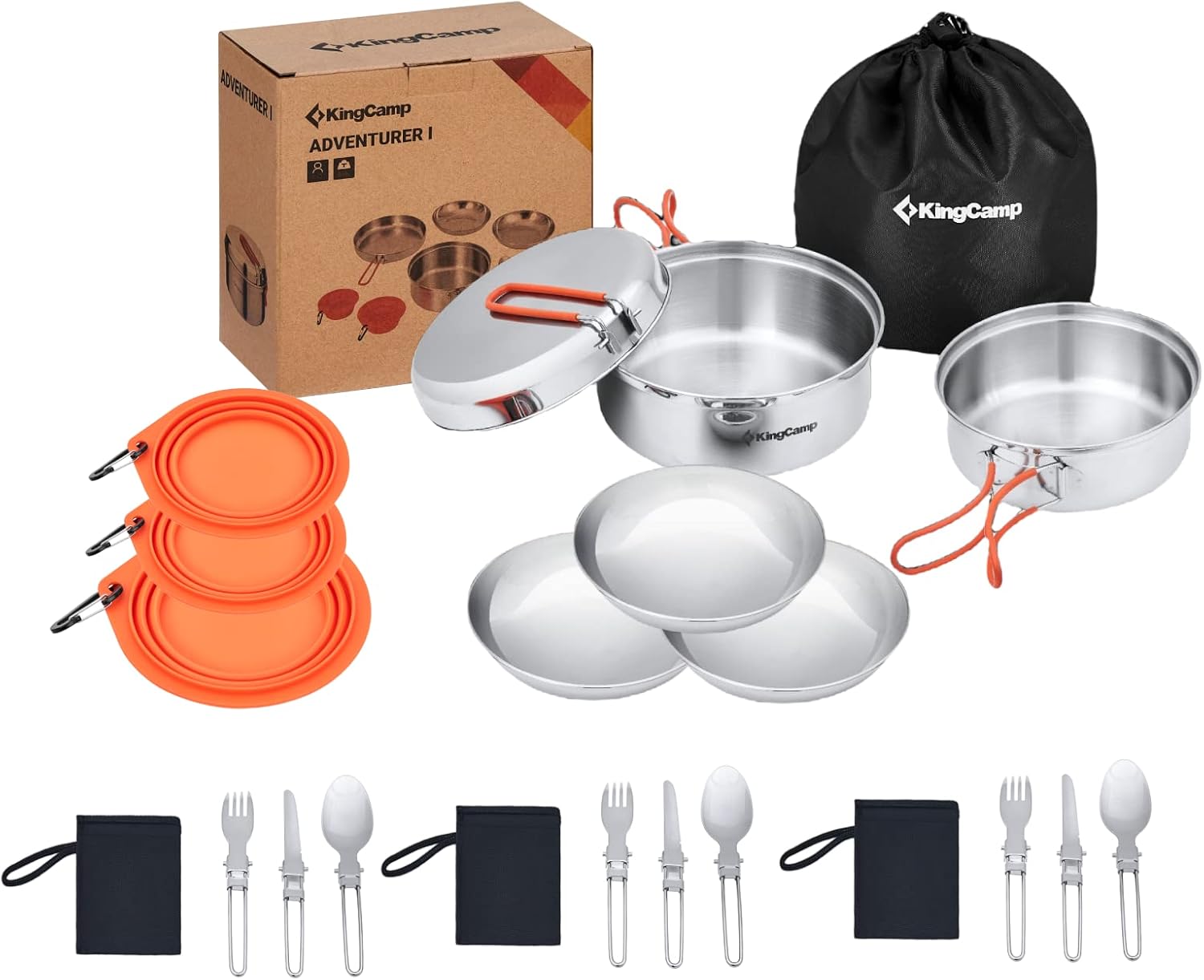 KingCamp Stainless Steel Camping Cookware Set Open Fire Cookware Backpacking Cooking Mess Kit Lightweight Camping Pots and Pans with Plates and Bowls Kit Hiking Cooking Gear 25 PCS for 3 Person : Sports & Outdoors
