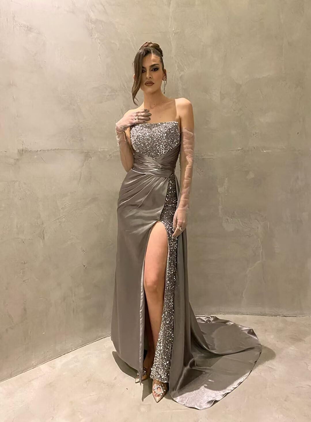 Sparkly Sequin Mermaid Prom Dresses with Slit Strapless Satin Formal Evening Gowns for Women - Image 5