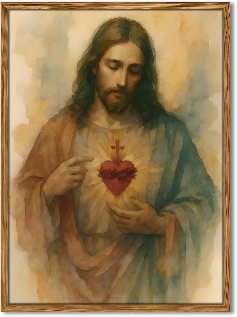 Framed Sacred Heart of Jesus Wall Art, Christian Jesus Paintings Wall Decor, Catholic Divine Mercy Pictures Canvas Prints Religious Home Decor for Living Room Bedroom Prayer Room Church 12x16 inch
