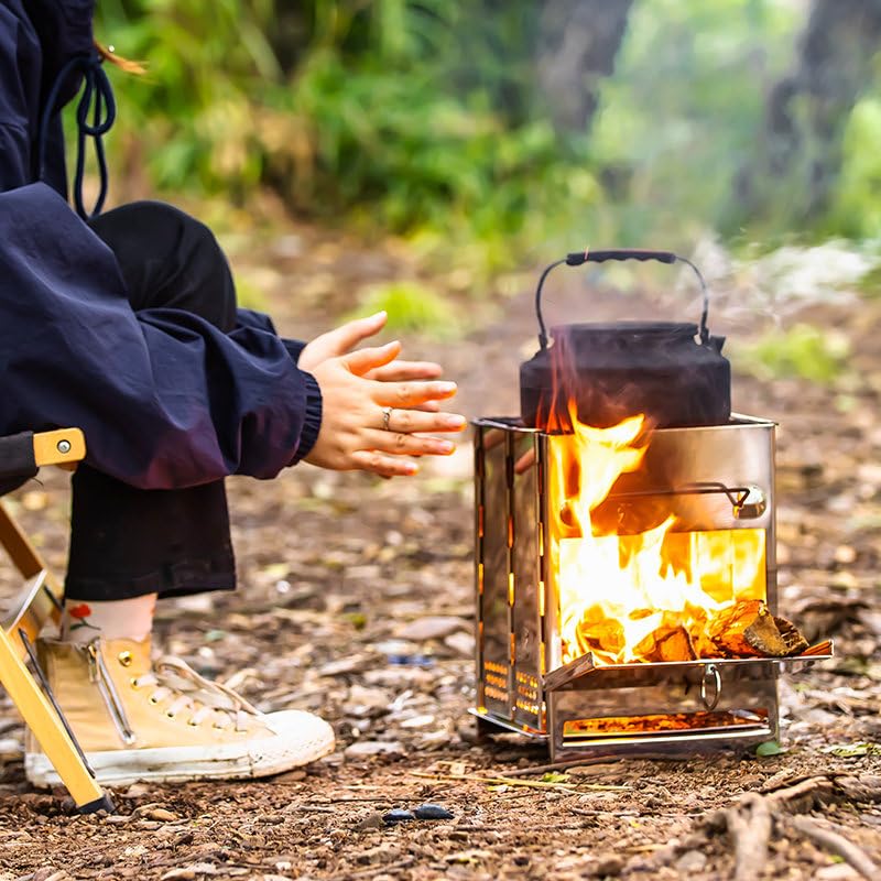 Mini réchaud pliable en acier inoxydable multi-combustibles portable avec sac de transport, essentiel pour le trekking, la randonnée, la randonnée et la pêche