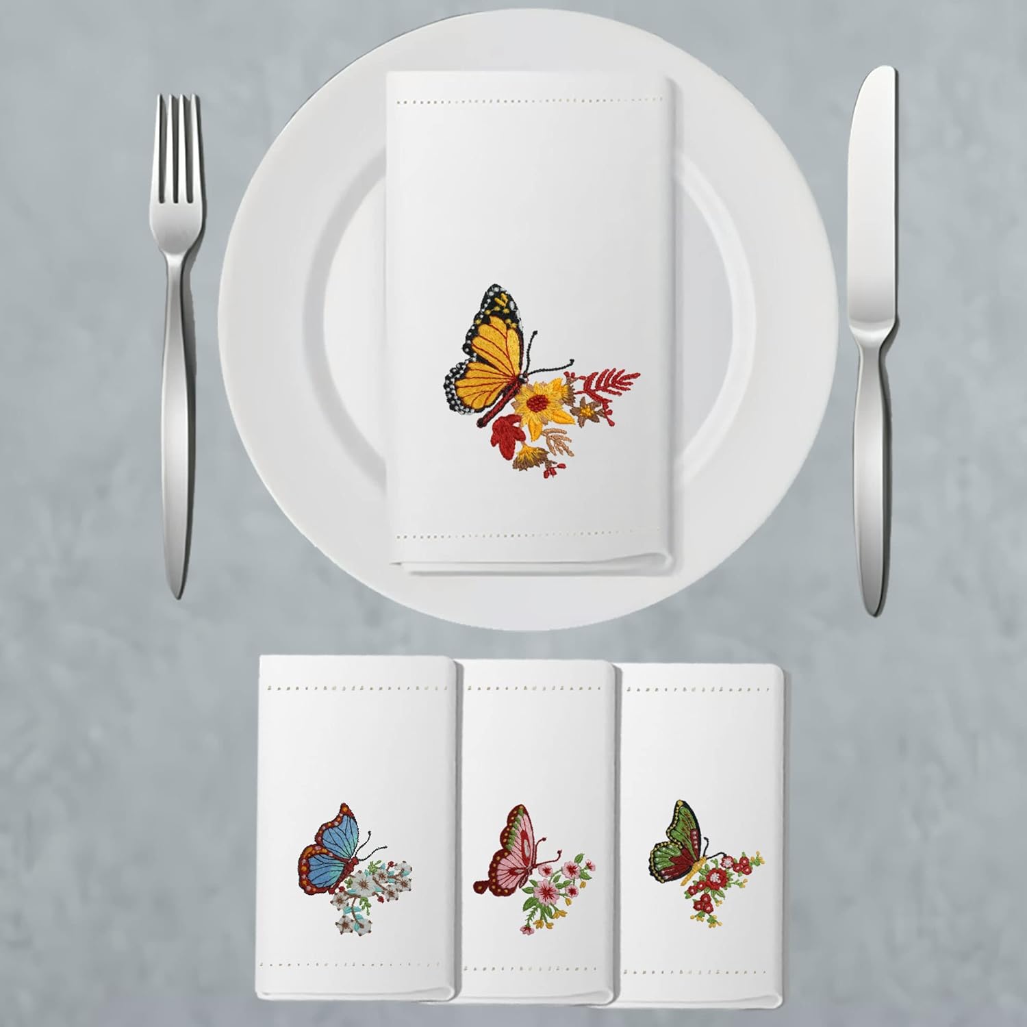 HCRAFT Embroidered Cotton Table Napkin, Cloth Napkins Set of 4 18"x18" Butterfly Napkin Square Fabric, Dining Room, Napkins Cloth Machine Washable, Cotton Cloth Napkins, Great Present Ideas