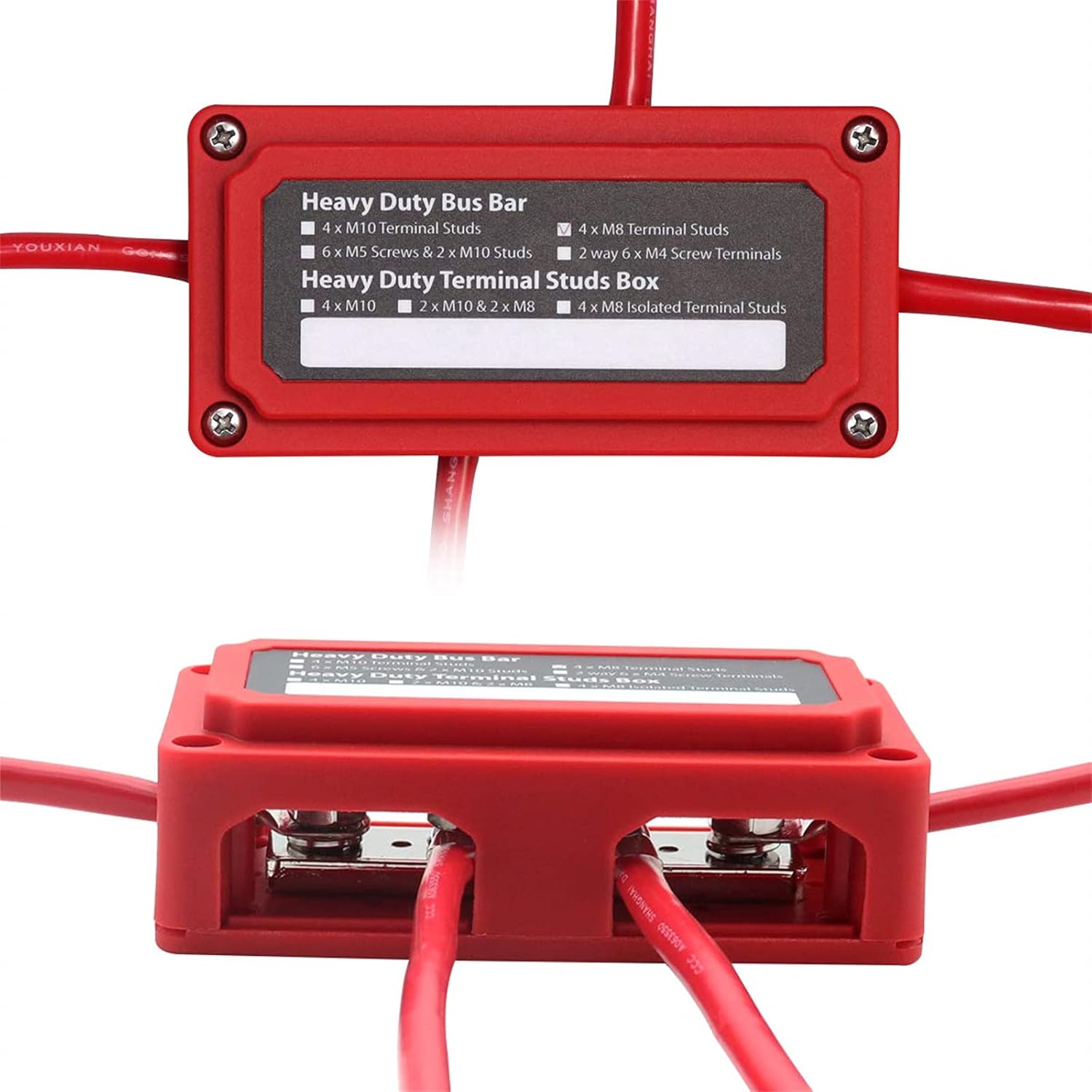 Heavy Duty Bus Bar Box M8 300A with 4 Terminal Studs Power Distribution Box Block Boating Fishing Battery Switches Busbars 12v-24v Max 48V (Red)