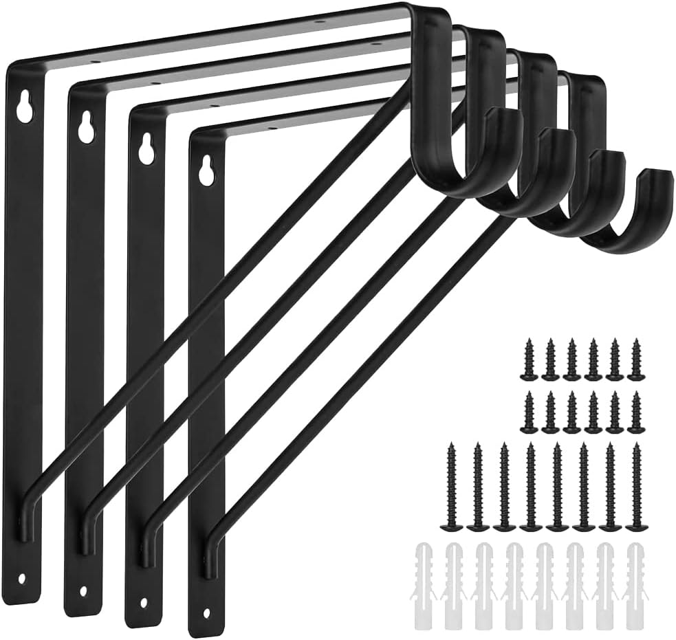 4PCS Heavy Duty Black Closet Rod Brackets for Home and Closet Decor, Wall Mount Closet Pole Supports Bracket Hook
