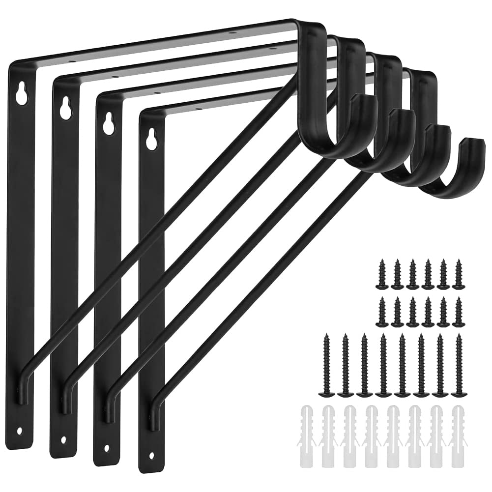 Nelsonerty Black 4Pcs Heavy Duty Closet Rod Brackets For Home And Closet Decor, Wall Mount Closet Pole Supports Bracket Hook