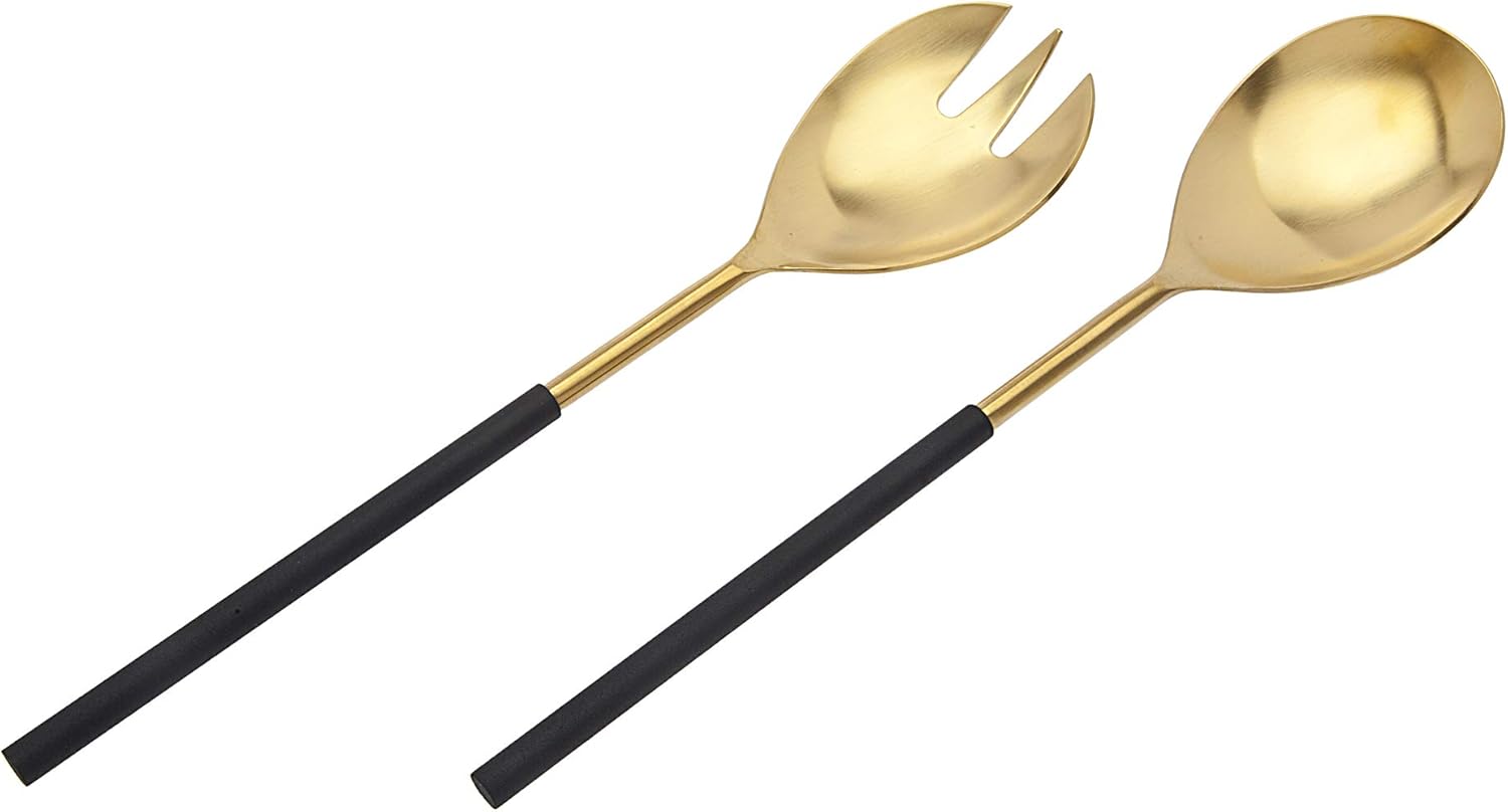 Godinger Salad Server Fork Spoon Set Black and Gold Design