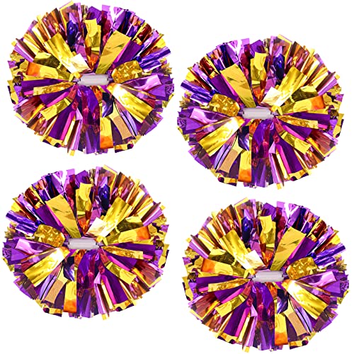 4Pcs Upgraded 12inch Metallic Cheerleading Pom Poms, HOLENGS Cheerleader Pompoms Cheer Poms for Kids Adults, Cheering Squad Pompoms for School Sports Games Dance Party (Purple and Gold)