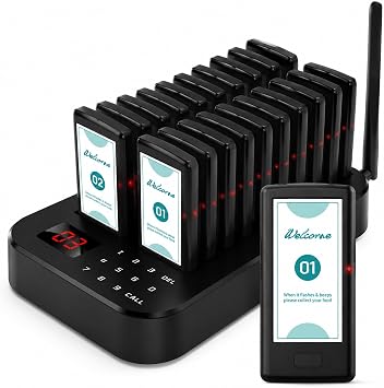 Buzzers for Restaurant, Social Distancing Keeping 20 Pagers | Rechargeable Pagers with Vibration, Beep and Flash Alerts,1640ft Range, Plug and Play, for Restaurants Food Truck Clinic
