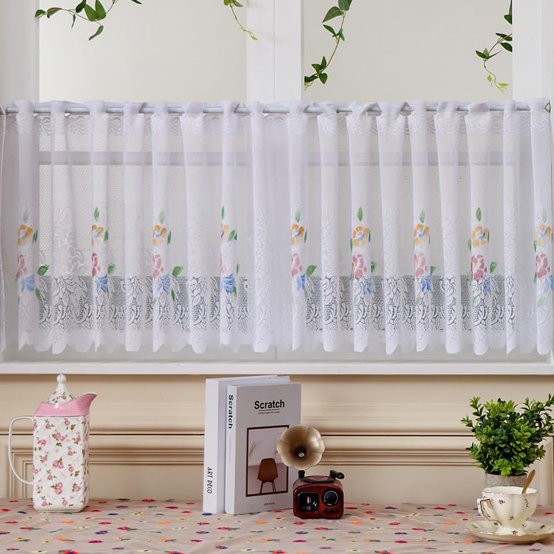 Daliena Visillo jacquard corto de encaje con estampado de flores, cortina de cocina, translúcida pequeña cortina para ventana, moderna cortina de bistró con paso (ancho x alto 110 x 50 cm), color