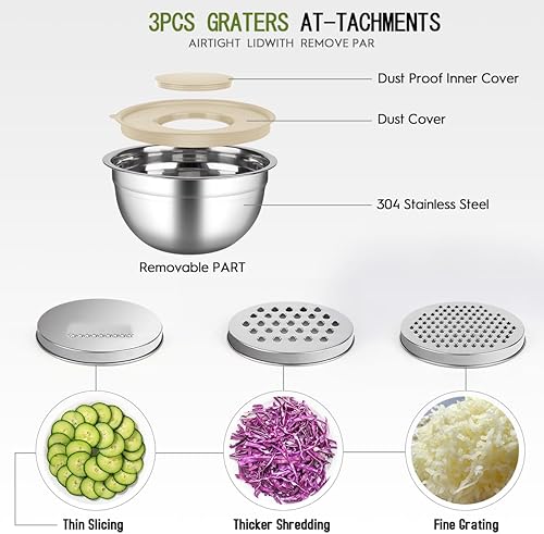 Miniatura 4 de Juego de tazones para mezclar con tapas, juego de cuencos de acero inoxidable con 3 ralladores, cuencos de metal para cocina, hornear, refrigerador,