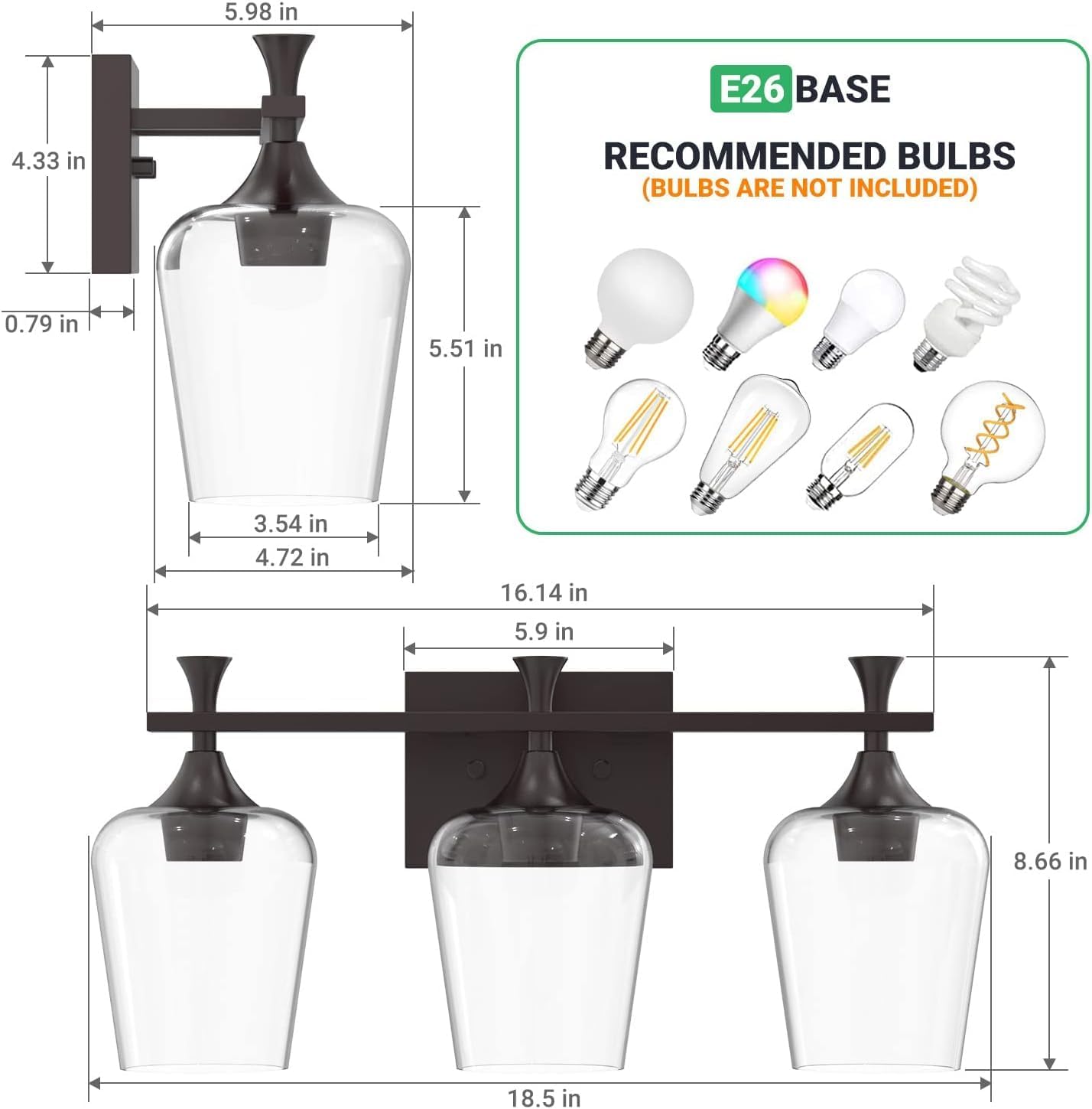 3 Light Bathroom Vanity Light - Black Bathroom Lighting Fixtures Over Mirror, Modern Wall Sconces with Transparent Glass Lampshade for Bedroom Living Room Kitchen Cabinet Stair Hallway