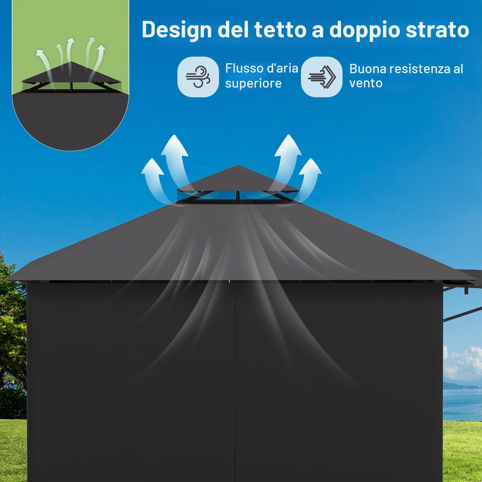 JUMMICO Gazebo da Giardino Esterno 3x3, con Estensione Convertibile in Parete e Tende Laterali Incluse, Tetto a Doppio Strato, Struttura Metallica Resistente alle Intemperie, Ideale per Spazi Esterni