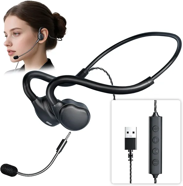 QOEKUEY Open Ear Headphones - USB Wired Headset with Microphone for PC, Comfortable Computer Headset with Noise Cancelling & Crystal Clear Calls for Call Center, MS Teams, Skype, Webinars and More