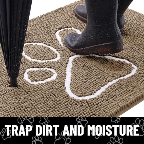 Image of Smiry Dog Door Mat for Muddy Paws, Absorbent Dirt Trapper Non Slip Quick Dry Washable Chenille Mat for Mud Dogs, Entry Rug for Indoor and Outdoor (70x24 Inches, Camel and Black)