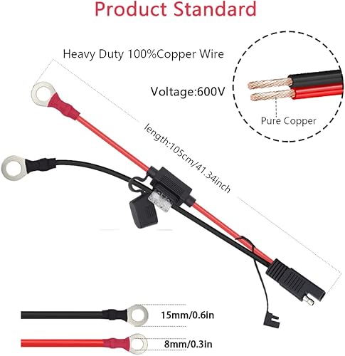 Miniatura 2 de Conectores SAE a O Ring Conector de cable de extensión compatible con cargadormantenedor de batería (16 awg, 3.3 pies)