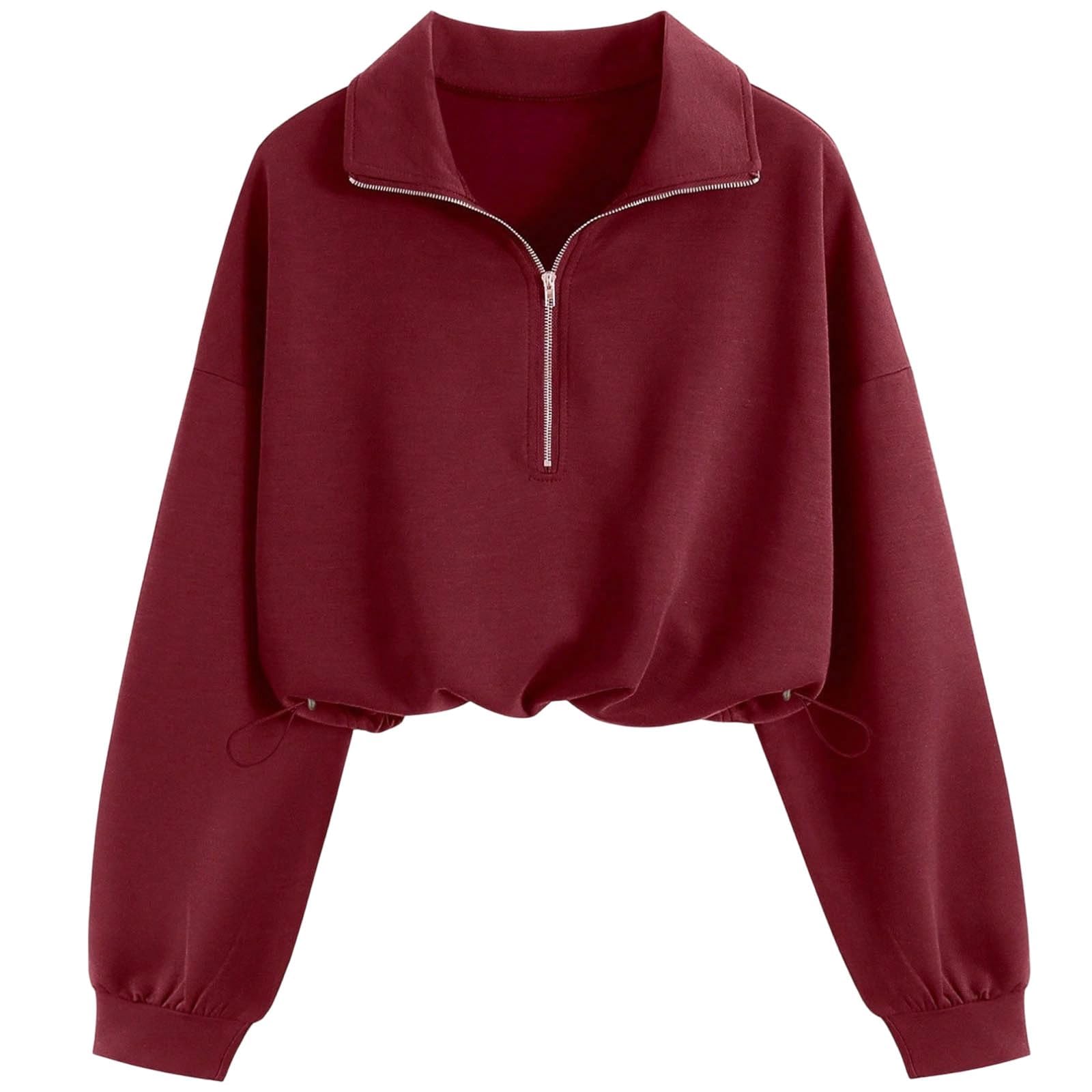 Sudadera corta de cuello alto con cremallera de un cuarto para mujer | Sudadera ligera de cuello alto con cordón ajustable, estilo casual de otoño, con media cremallera y manga larga