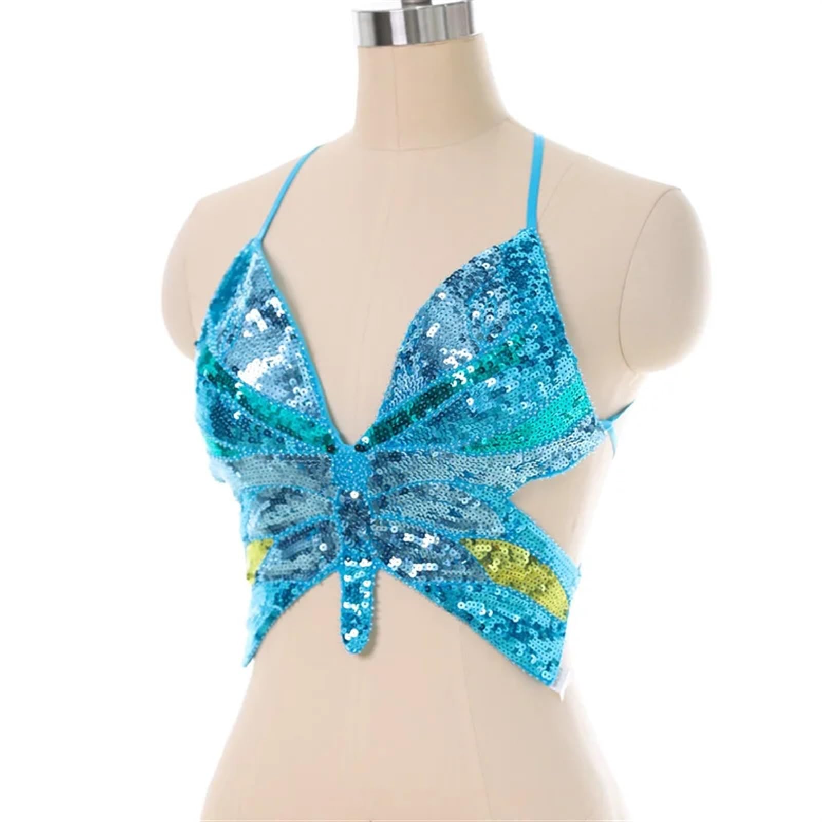LIUHLFSR Belly Dance Sequins Butterfly Bra Nightclub Stage Bar Top Performance for Dancing Carnival Party(Bule)