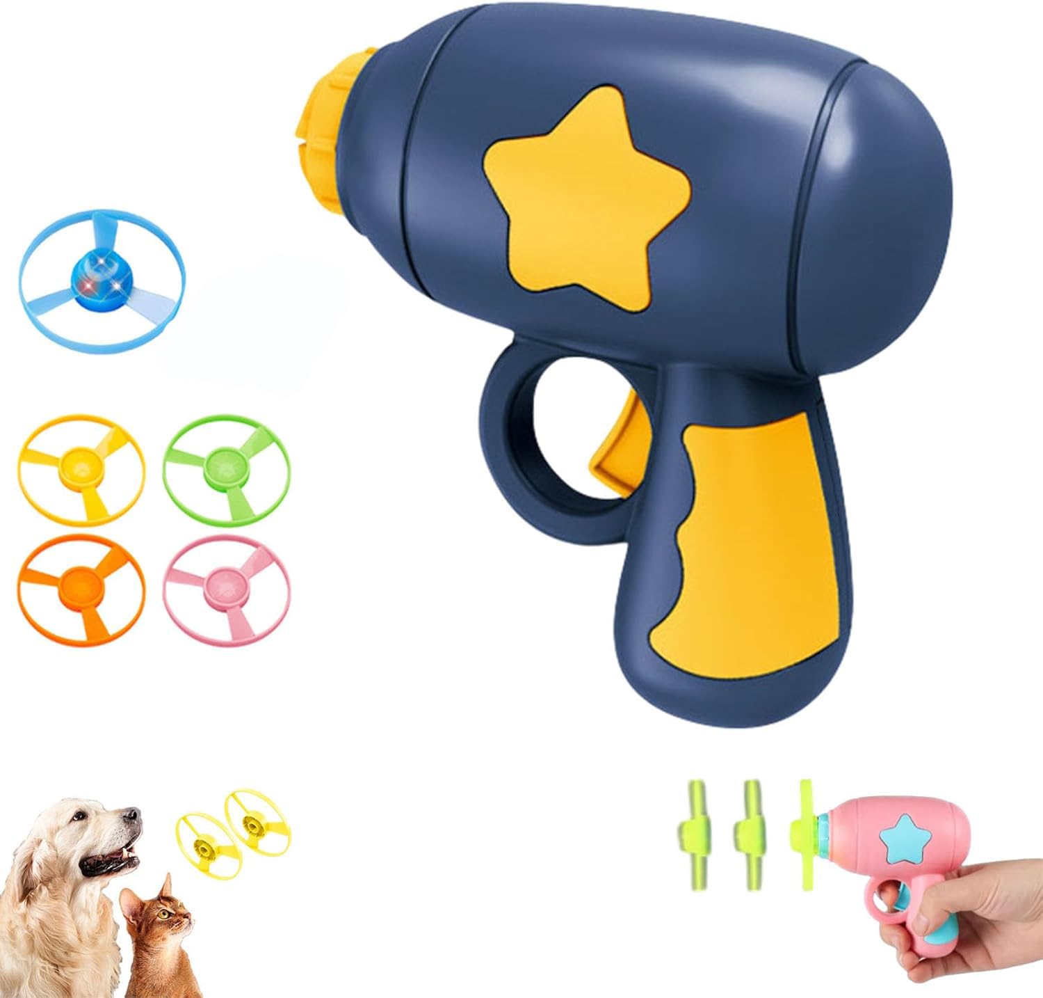 Cat Toy Launcher, Interactive LED Flying Disc Cat Fetch Toy, Propeller Bamboo Dragonfly Catapult Pistol Saucer Blaster Set for Indoor Outdoor Cats Training and Chasing (Blue)