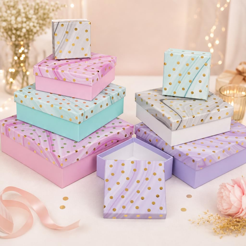 Lot de 8 boîtes cadeaux - Lot de 8 boîtes cadeaux - Pour Noël, anniversaire, mariage, environ 22,5 x 22,5 x 8 cm (multicolore avec pois dorés)
