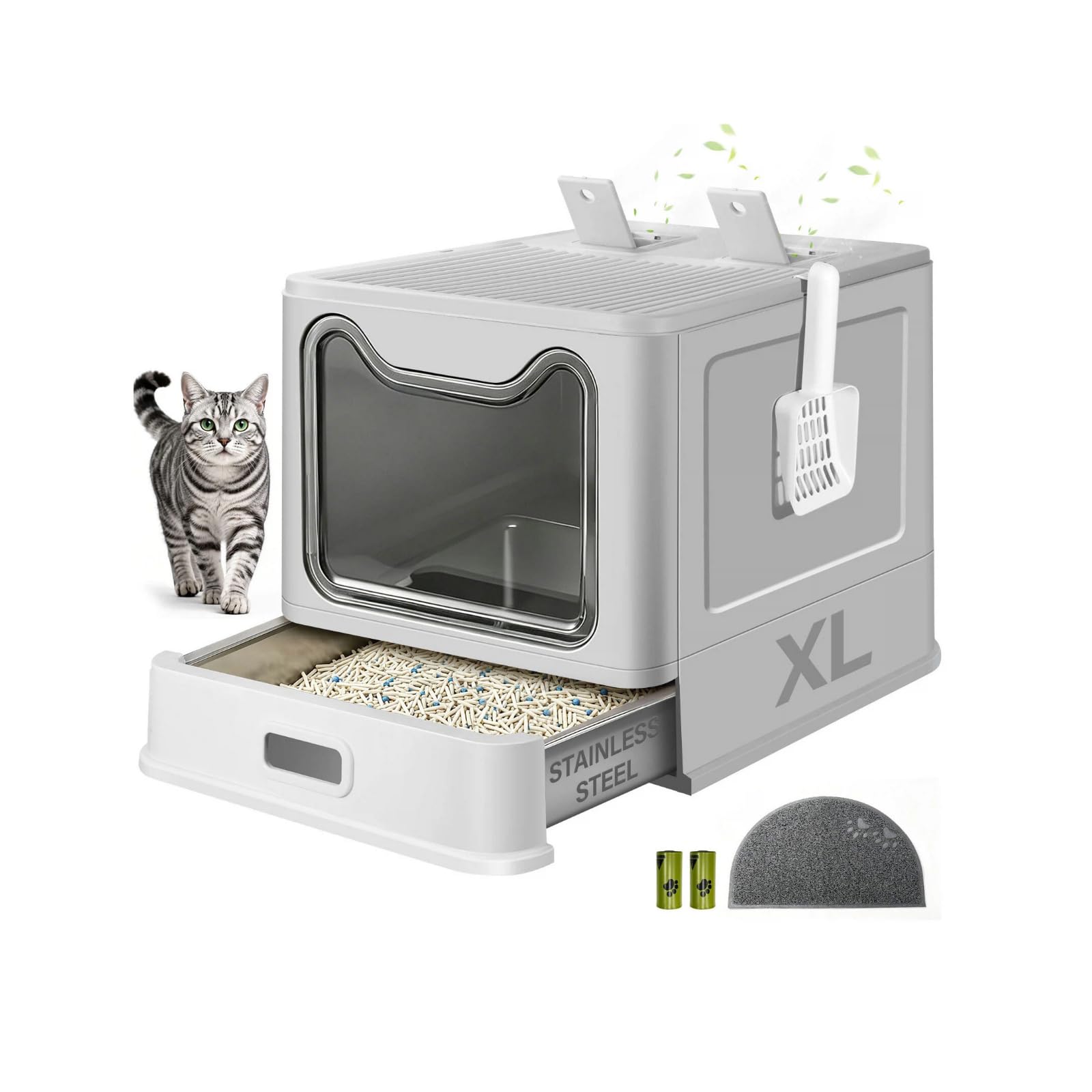 XL Arenero Gato Cubierto de Acero Inoxidable con Diseño de Cajón Cerrado | Doble Control Olores, Resistente Arañazos, Prueba Fugas, Revestimiento Antiadherente, Fácil de Limpiar, para Gatos Interior