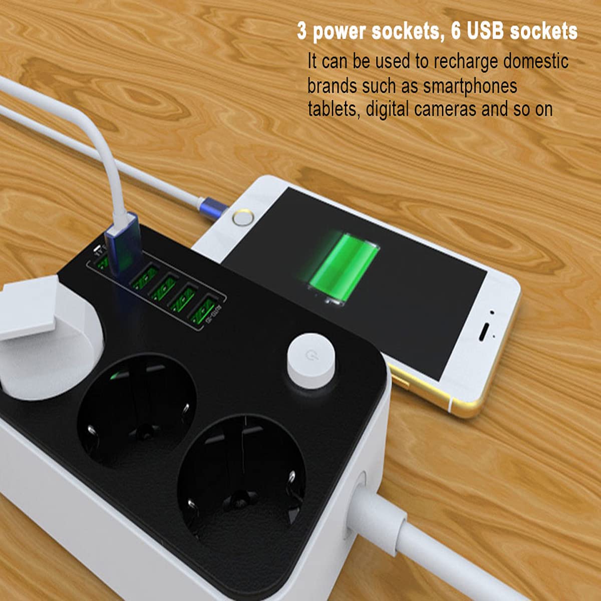 Multipresa, Multipresa Elettrica Con USB Ciabatta Con 3 Prese Elettriche E 6 Porte Di Carica USB Un Interruttore Di Controllo Con Protezione Da Sovraccorrente 2500W 17W 5V 3.4A Cavo 1.6M, Nero-Grigio