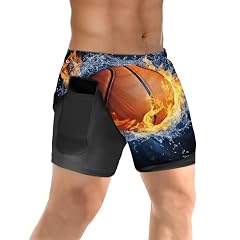 Mens 2 in 1 Running Short Basketball Fire Water Gym Athletic Sport Shorts for Men with Liner Phone