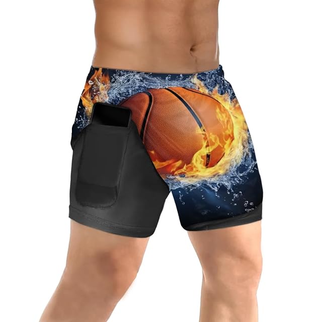 Mens 2 in 1 Running Short Basketball Fire Water Gym Athletic Sport Shorts for Men with Liner Phone