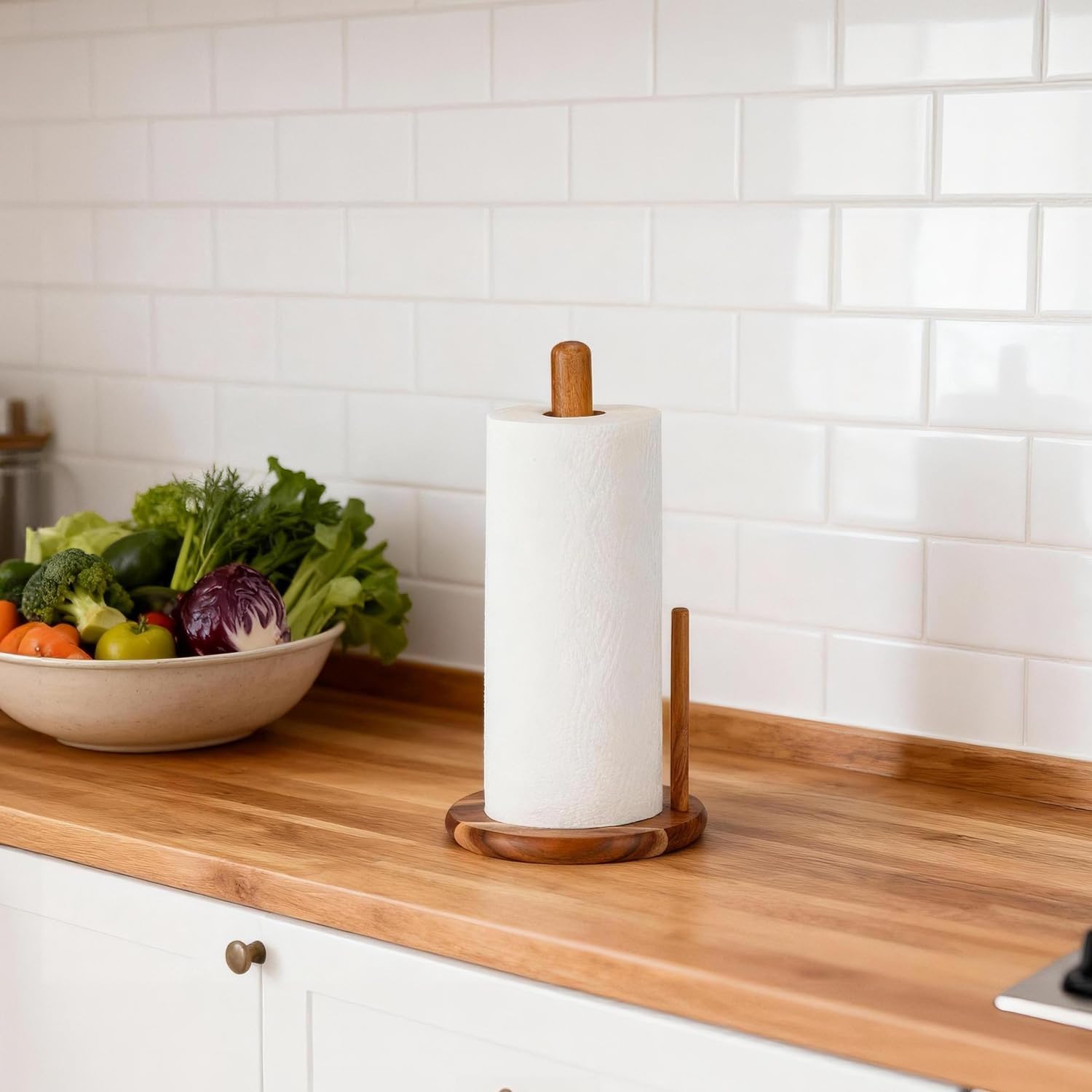 Acacia Wood Paper Towel Holder Countertop, Wooden Paper Towel Holder Thicken Base for Kitchen, Easy to Assemble, Sturdy, Durable, Natural Wood Color