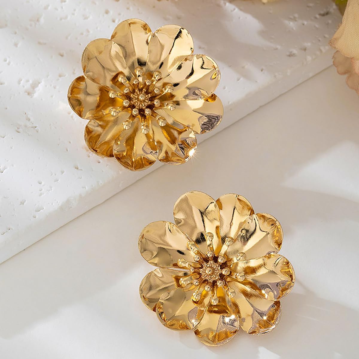 Boho Chunky Gold Flower Stud Earrings for Women 14K Gold Plated layered Large Petal Statement Earring Hypoallergenic Floral Earrings Summer Trendy Jewelry - Image 3