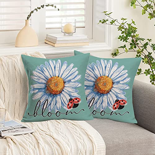 Doitely Daisy Bloom Floral Pillow Covers 18X18 Inch Farmhouse Spring Summer Decorations Throw Pillow Cover Sunflower Ladybug Decorative Cushion Case For Sofa Couch Home Bed #TOP2
