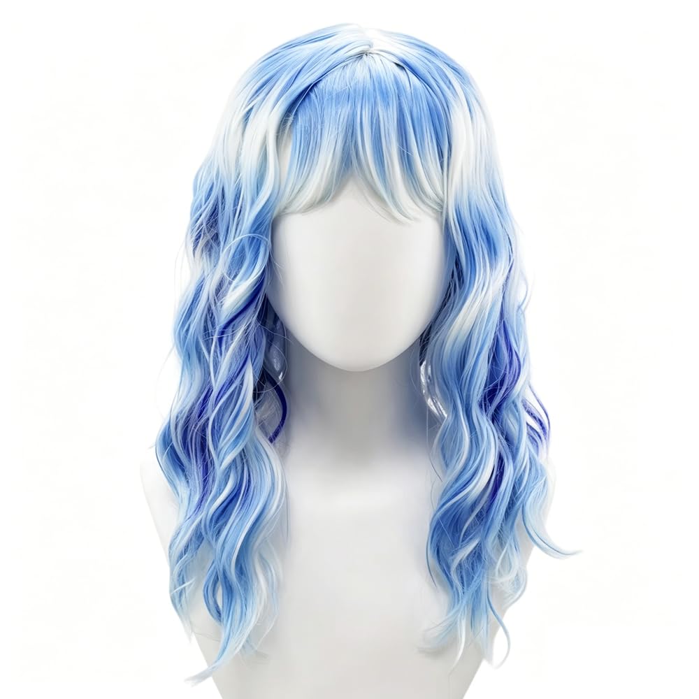 Haarpflege Blau-weiße Ombre-Perücke Lang Gewellt Mit Mehrfarbigen Strähnen Volle Ponyfaser Für Tägliche Cosplay-Party-Looks
