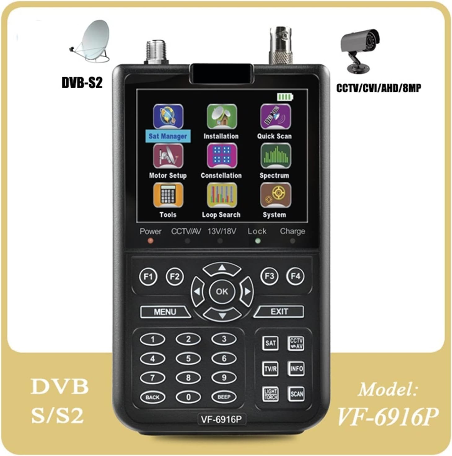 Front view of KYKYK VF-6900 Satellite Finder showing screen and control buttons