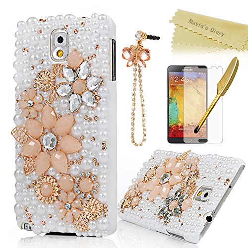 Note 3 Case,Galaxy Note 3 Case - Mavis's Diary 3D Handmade Bling Crystal Champagne String Flowers Gloden Shiny Diamond Pearls White Hard PC Case Cover for Samsung Galaxy Note 3 N9000 N9005 N9006