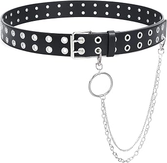 SUOSDEY Double Grommet Leather Belt with Detachable Chain for Women Men,Punk Black Belt with Double Studded Holes for Jeans