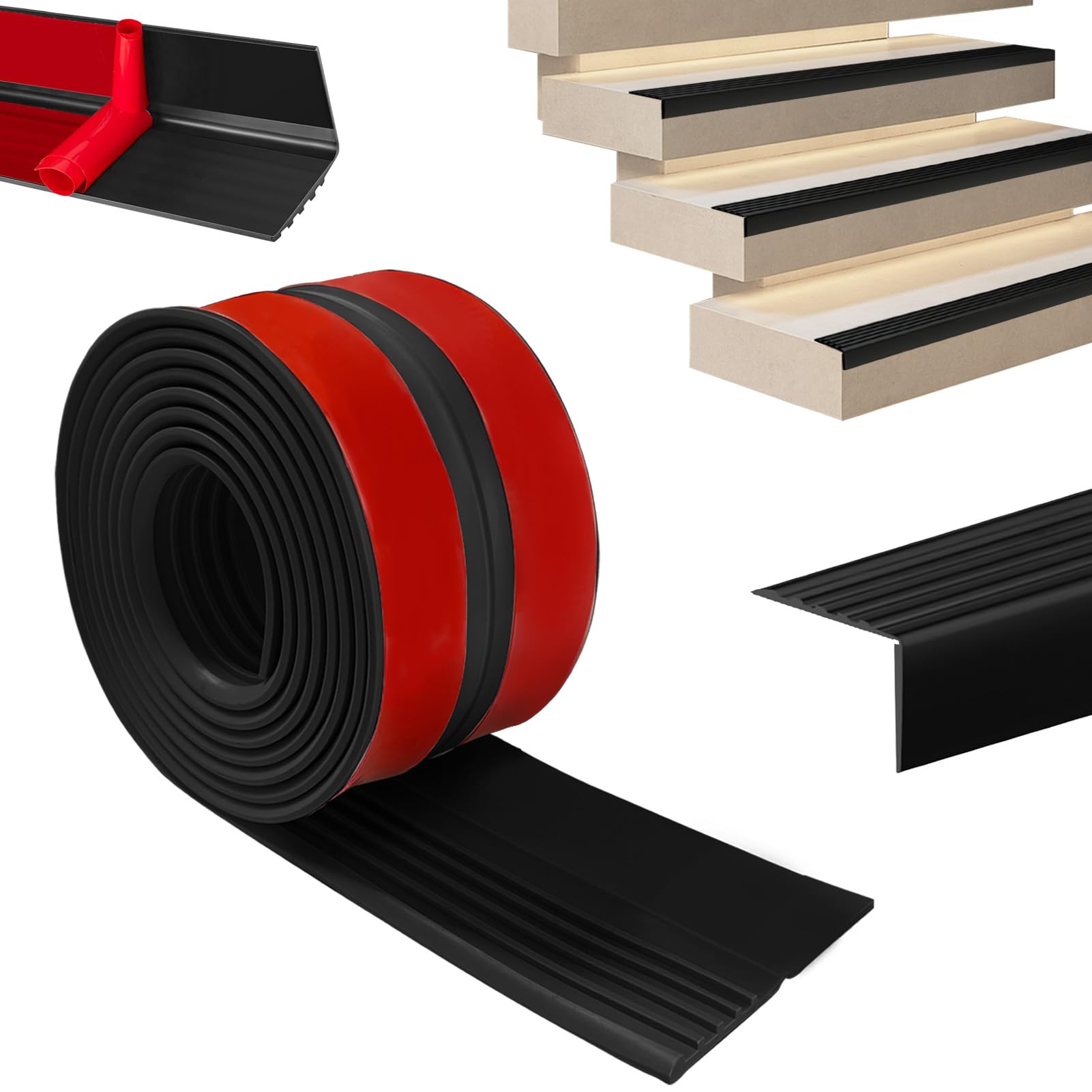 Perfil de borde de escalera autoadhesivo, 10 m, bordes de escaleras, perfil de transición, antideslizante, peldaños de goma flexible, para interiores y exteriores, color negro