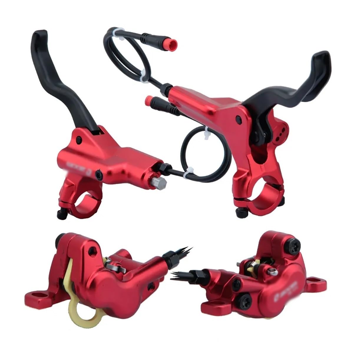 Set Freni A Disco Idraulici per E-Bike A 4 Pistoncini con Rotori da 203mm Kit Freni con Spegnimento A 2 Pin con Tubo da 2300mm/adattatore/strumenti(Red-203mm)
