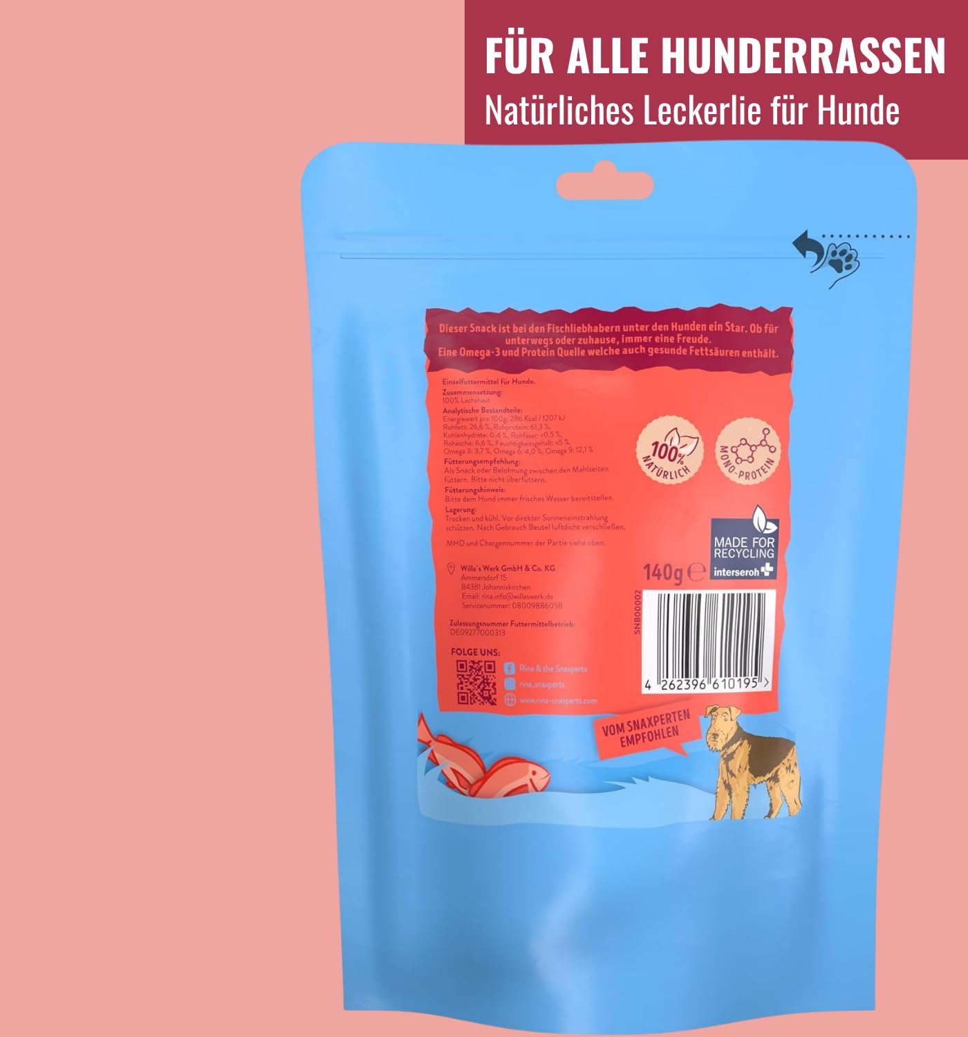 100% LACHS-ZÖPFE aus Lachshaut 6x140g Schonend getrocknete Hundesnacks aus Fisch - Lang haltbar, Mit Omega-3, 6 & 9, Proteinreich, nährstoffreich & ohne Zusatzstoffe von RiNa Fisch Hundesnacks