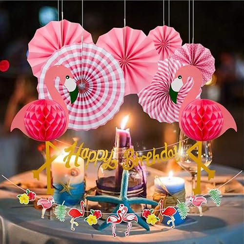 Miniatura 4 de Decoración de panal de abeja de flamenco, abanicos de papel rosa colgantes, pancartas de cumpleaños, decoraciones de remolinos (6 abanicos, 2