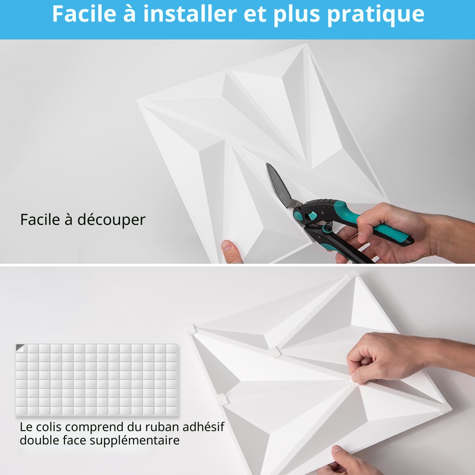 Art3d Lot de 20 Panneaux muraux 3D Décoration murale intérieure avec ruban adhésif PVC Diamant pour salon Hall d’entrée Chambre Hôtel Bureau 30 x 30 cm,Blanc