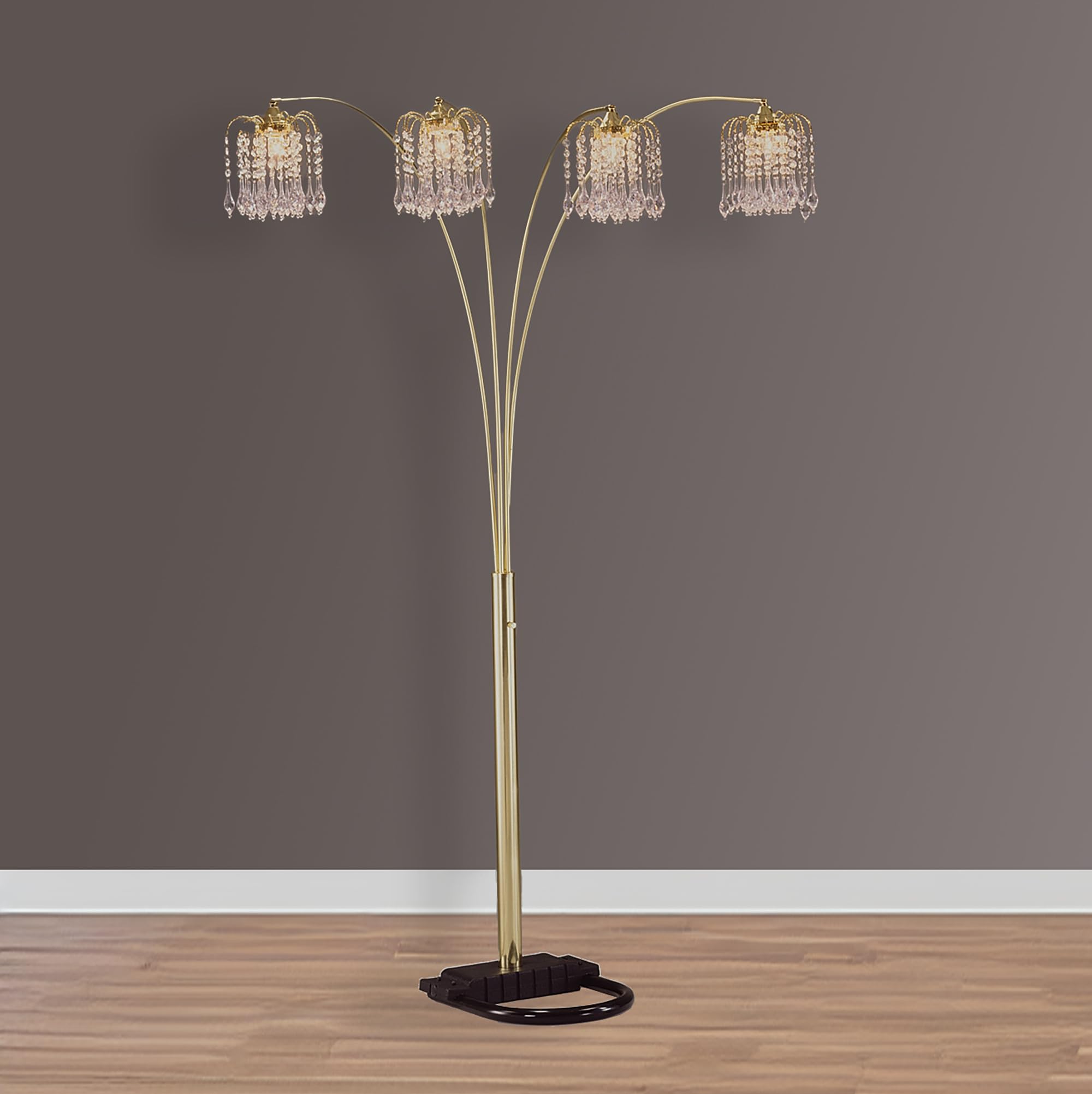 modern gold arc floor lamp with crystal accents, multi-head sleek metallic stems, 84" h living room half-moon style chandelier lamp
