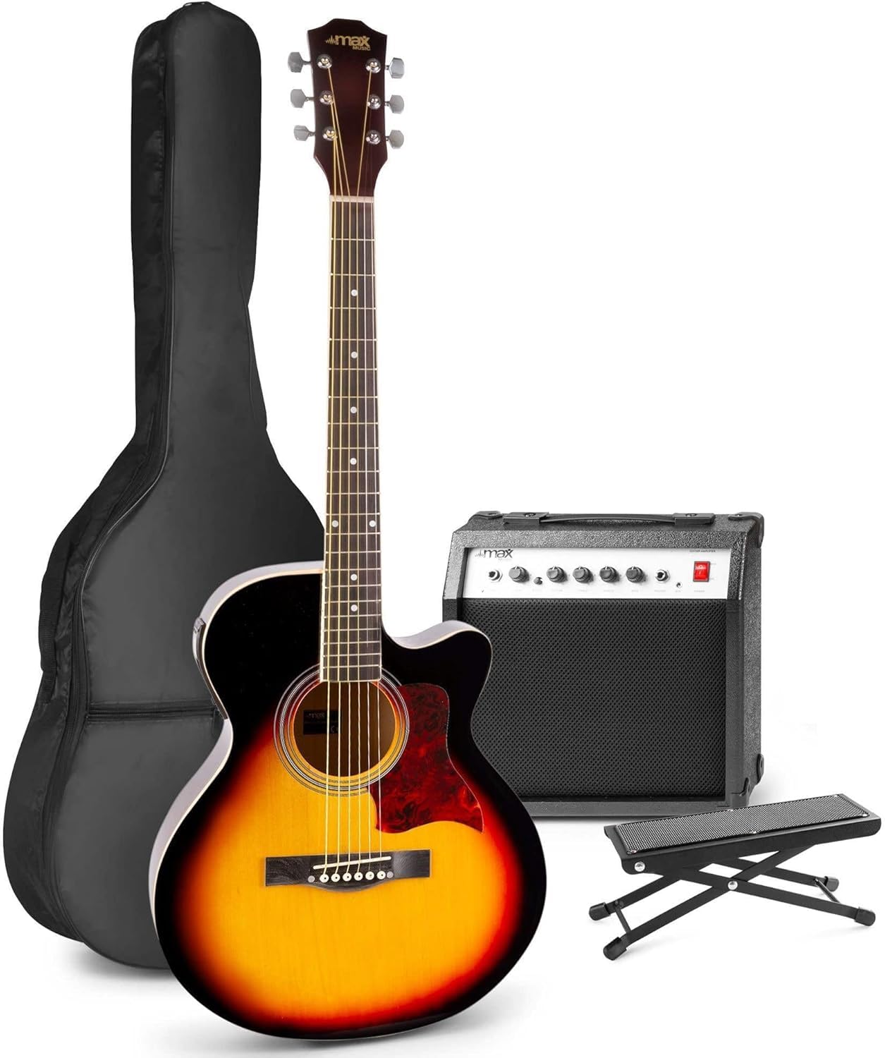 MAX ShowKit Set de Guitares Électriques et Acoustiques avec Banc - Sunburst, Idéal pour Débuter la Guitare