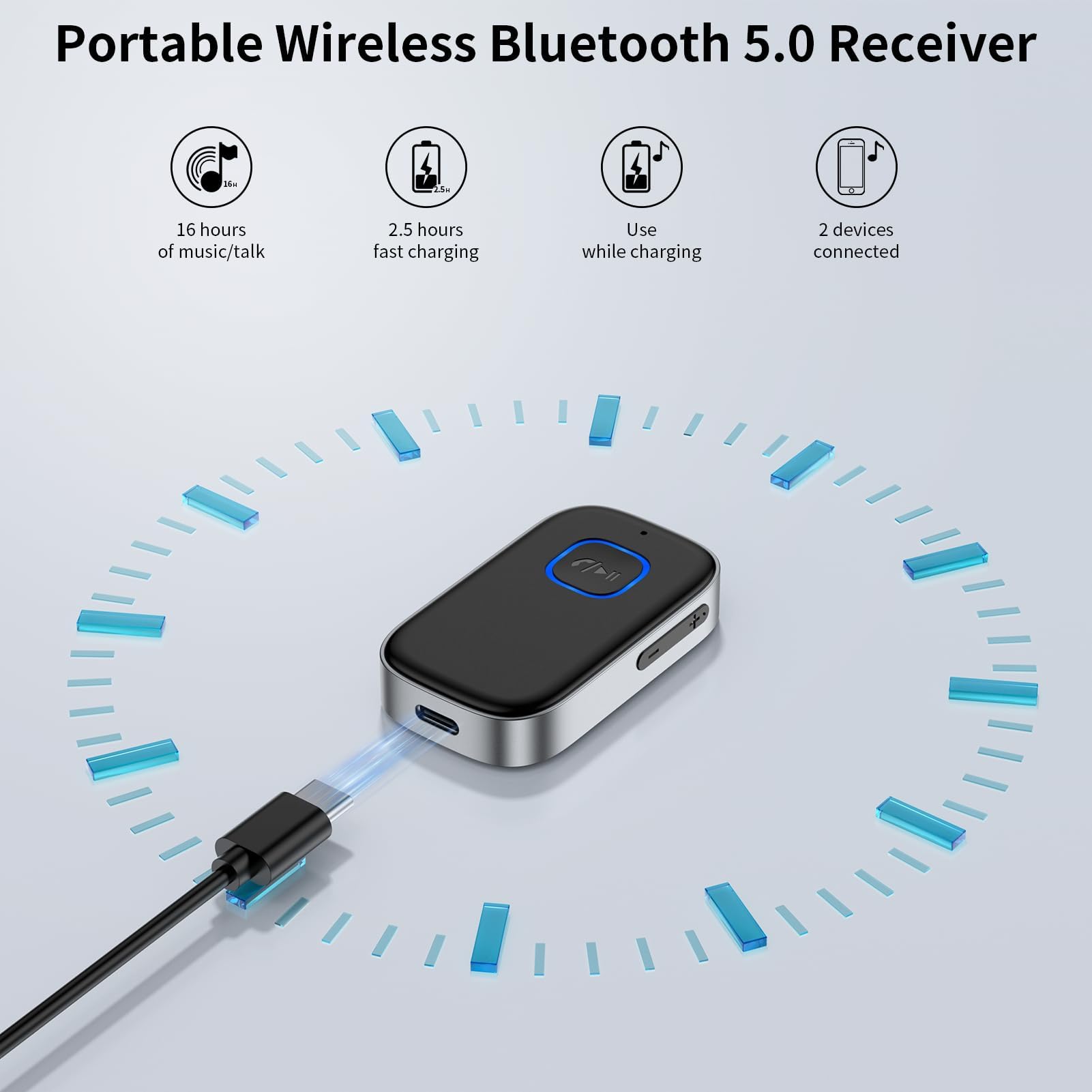 GlasFlength Aux Auto, Ricevitore Bluetooth 5.0 per vivavoce, Stereo Musica Adattatore Aux 3,5 mm 16 ore di tempo di riproduzione adattatore per autoradio cuffie stereo