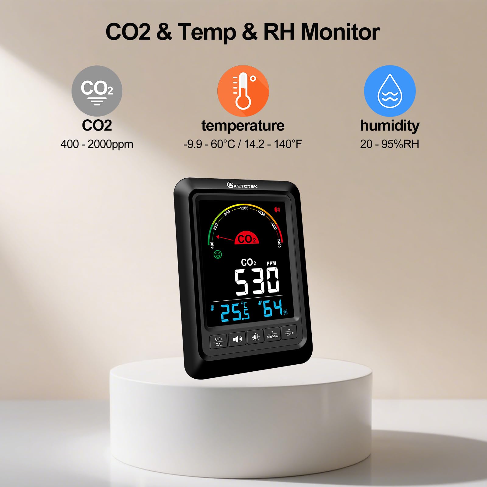 KETOTEK Monitor de CO2, Monitor de Calidad del Aire Interior con Alarma CO2, Detector de Dióxido de Carbono, Temperatura y Humedad para Hogar Oficina o Escuela